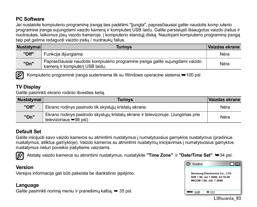 Samsung SMX-K40BP/XEB manual PC Software, TV Display, Default Set, Version Language, Off 