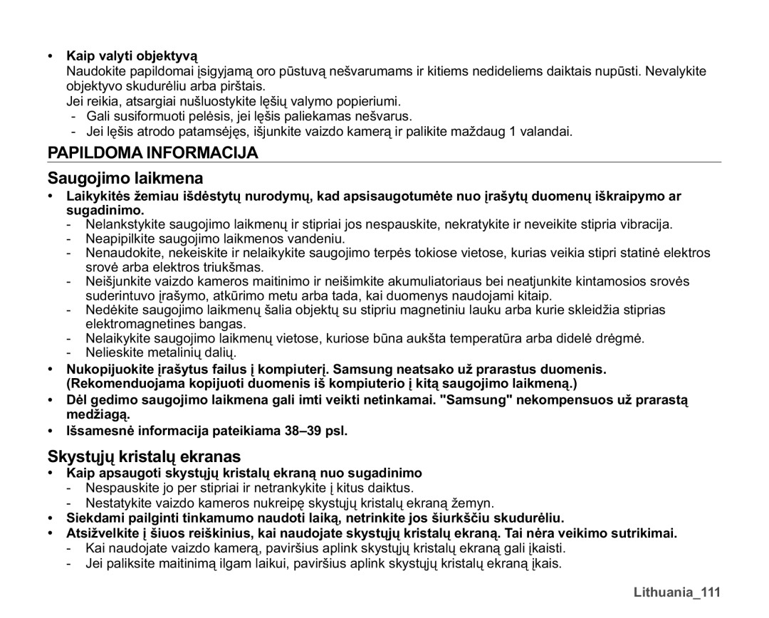 Samsung SMX-K40BP/XEB manual Papildoma Informacija 6DXJRMLPRODLNPHQD, 6N\VWǐMǐNULVWDOǐHNUDQDV 