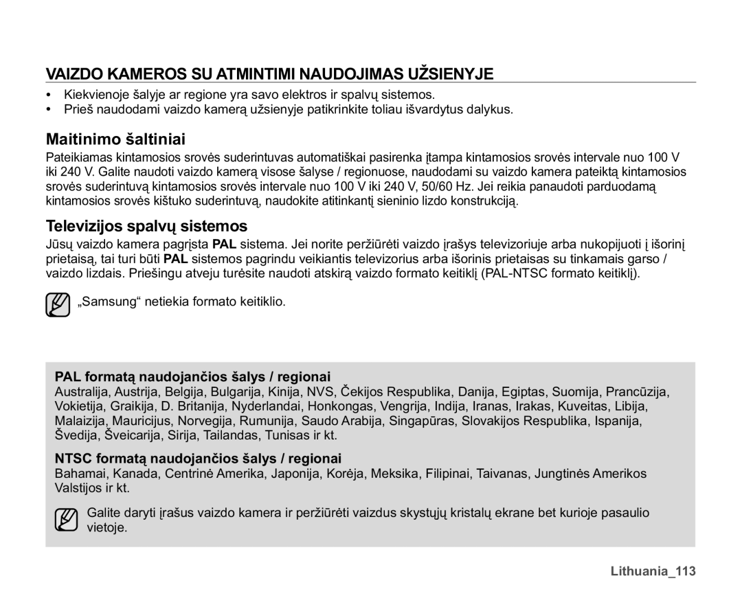 Samsung SMX-K40BP/XEB manual $,=2.$052668$70,17,0,1$82-,0$68ä6,1, Maitinimo šaltiniai, 7HOHYLLMRVVSDOYǐVLVWHPRV 