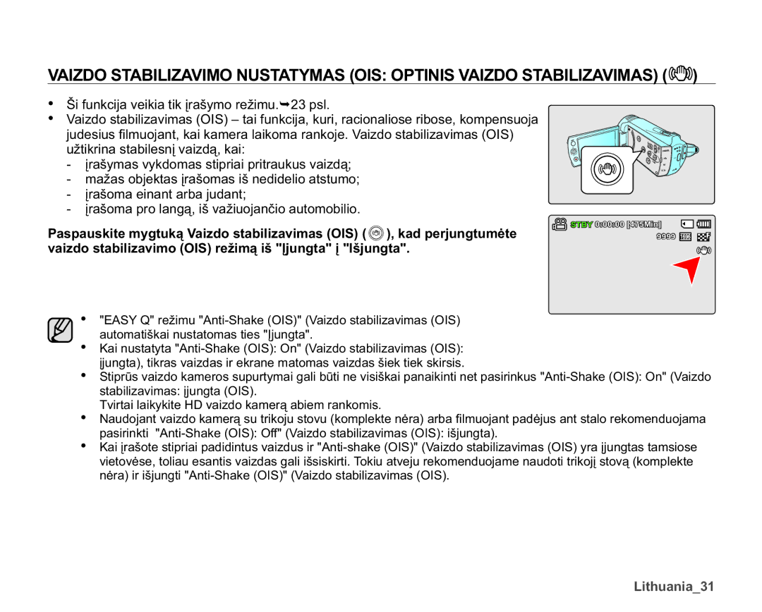 Samsung SMX-K40BP/XEB manual ÂLIXQNFLMDYHLNLDWLNƳUDã\PRUHåLPX¬SVO, XåWLNULQDVWDELOHVQƳYDLGąNDL, Lwkxdqldb 