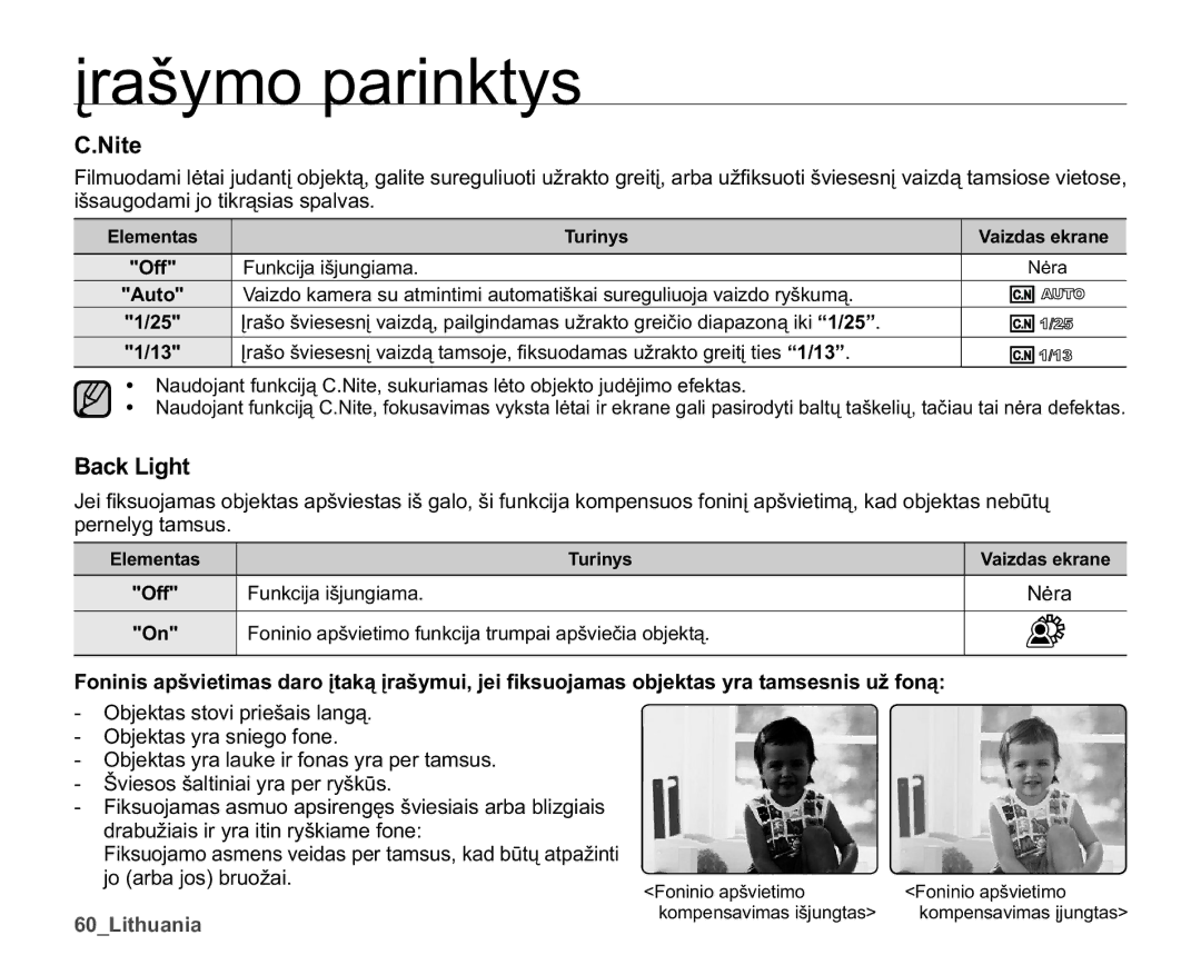 Samsung SMX-K40BP/XEB manual Nite, Back Light, LãVDXJRGDPLMRWLNUąVLDVVSDOYDV, Shuqho\JWdpvxv 