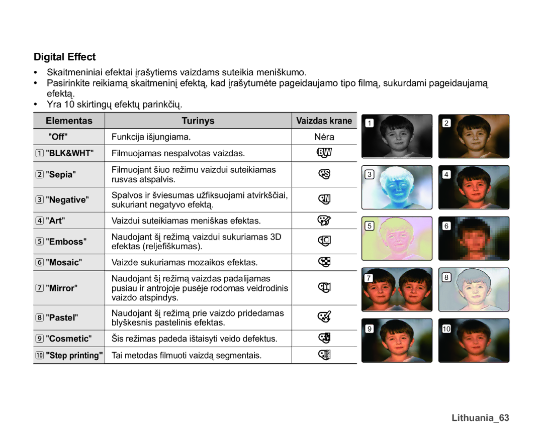 Samsung SMX-K40BP/XEB manual Digital Effect, HIHNWą UDVNLUWLQJǐHIHNWǐSDULQNþLǐ, Elementas Turinys 