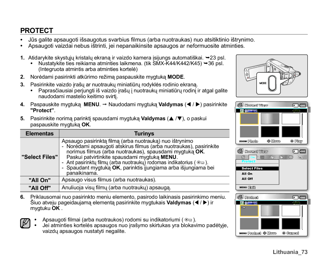 Samsung SMX-K40BP/XEB manual Protect, Elementas, All On, All Off, Lwkxdqldb 