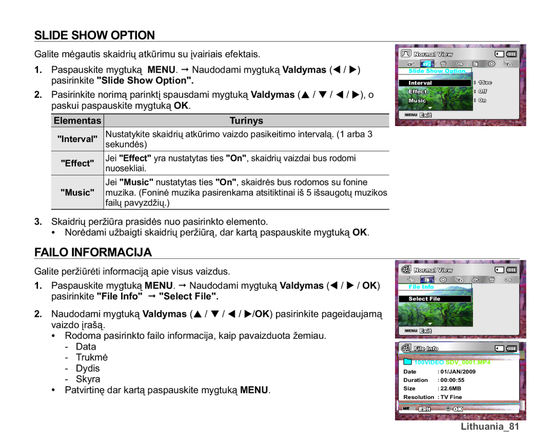 Samsung SMX-K40BP/XEB manual Slide Show Option, Failo Informacija, DOLWHPơJDXWLVVNDLGULǐDWNǌULPXVXƳYDLULDLVHIHNWDLV 