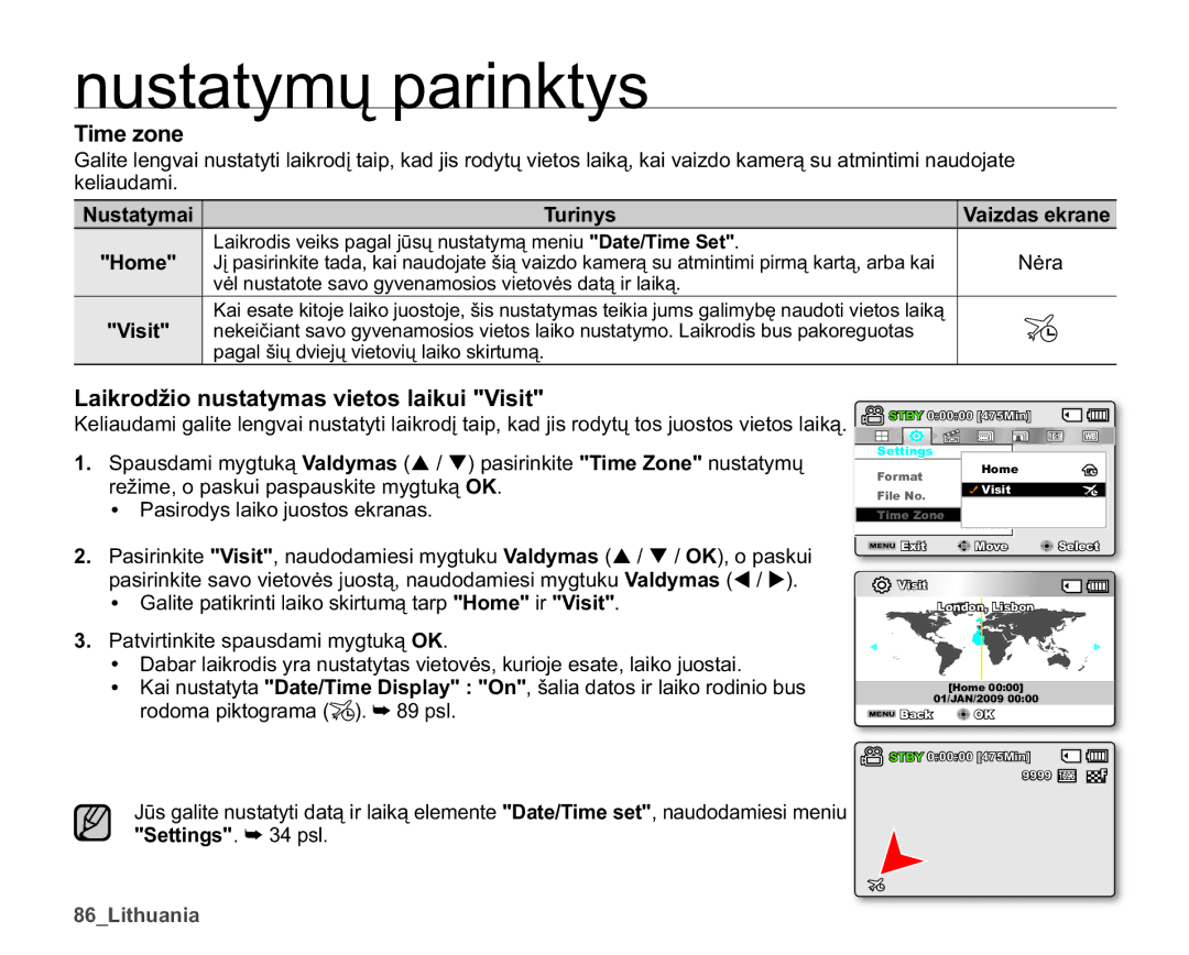 Samsung SMX-K40BP/XEB Time zone, DLNURGåLRQXVWDW\PDVYLHWRVODLNXL9LVLW, Nholdxgdpl, 3DVLURG\VODLNRMXRVWRVHNUDQDV 