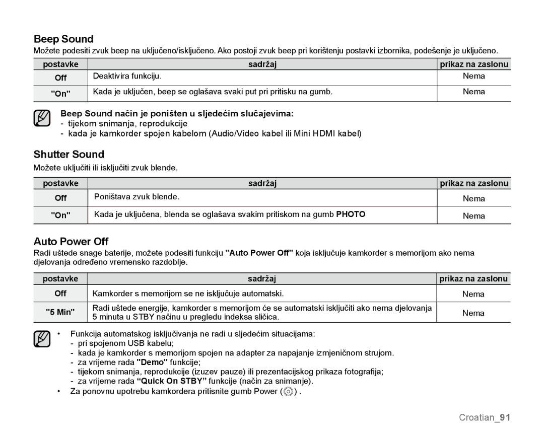 Samsung SMX-K44LP/EDC manual Shutter Sound, Auto Power Off, Beep Sound način je poništen u sljedećim slučajevima 