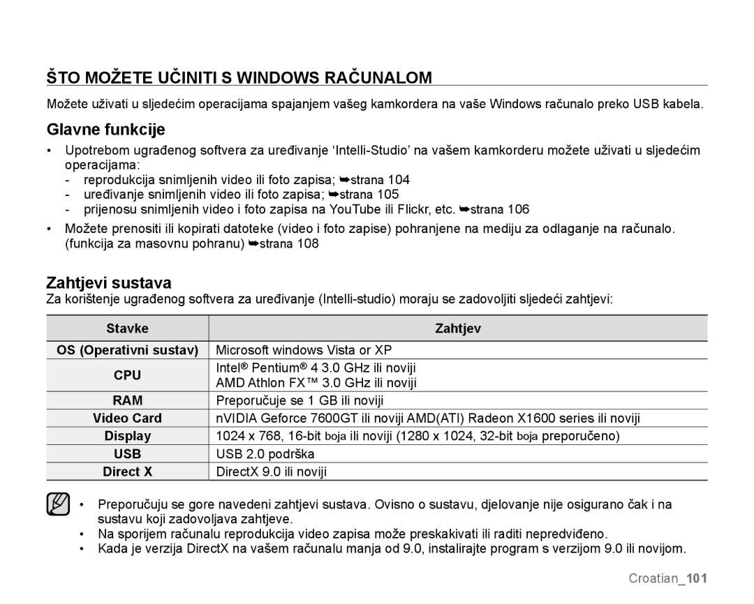 Samsung SMX-K40SP/EDC manual ŠTO Možete Učiniti S Windows Računalom, Glavne funkcije, Zahtjevi sustava, Stavke Zahtjev 