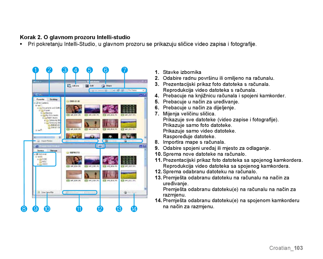 Samsung SMX-K44LP/EDC, SMX-K40SP/EDC, SMX-K40BP/EDC manual ❶ ❷ ❸ ❹ ❺ ❻ ❼, Korak 2. O glavnom prozoru Intelli-studio 