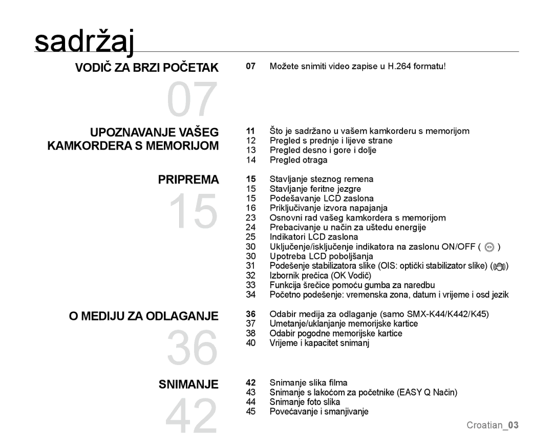 Samsung SMX-K40BP/EDC, SMX-K40SP/EDC, SMX-K44LP/EDC manual Sadržaj 