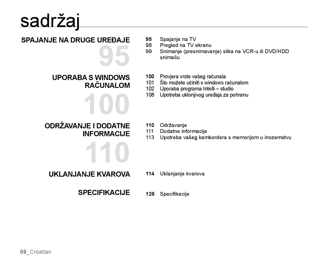 Samsung SMX-K40BP/EDC manual Spajanje na druge uređaje Uporaba s Windows računalom, Održavanje i dodatne informacije 