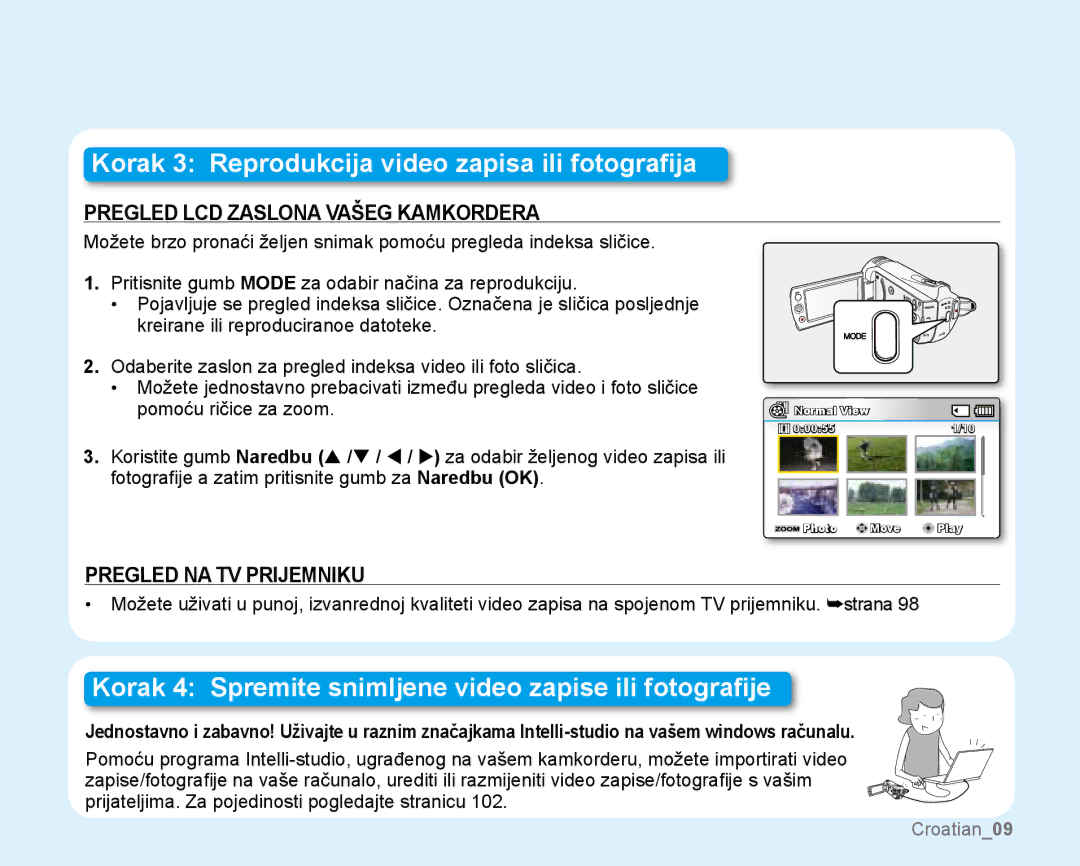 Samsung SMX-K40BP/EDC, SMX-K40SP/EDC, SMX-K44LP/EDC manual Pregled LCD zaslona vašeg kamkordera, Pregled na TV prijemniku 