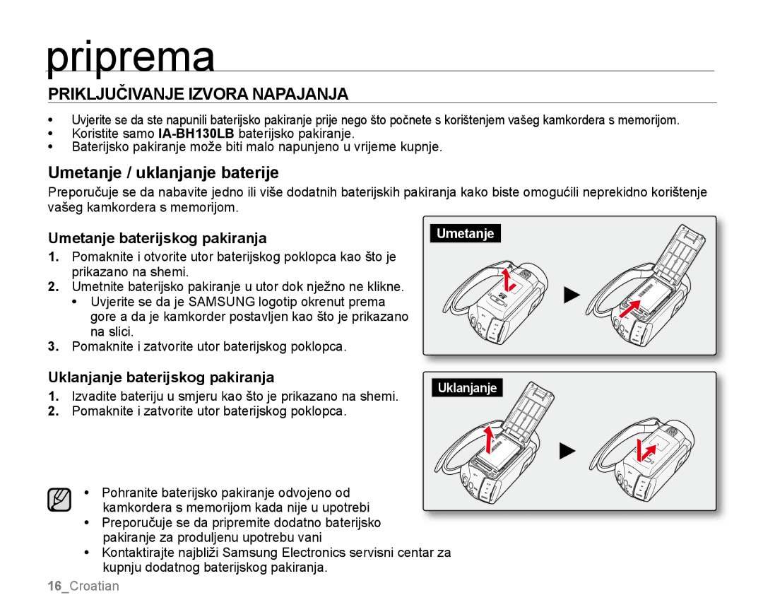 Samsung SMX-K44LP/EDC Priključivanje Izvora Napajanja, Umetanje / uklanjanje baterije, Umetanje baterijskog pakiranja 