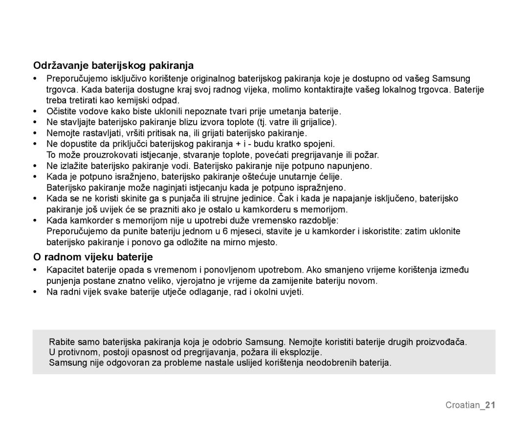 Samsung SMX-K40BP/EDC, SMX-K40SP/EDC, SMX-K44LP/EDC manual Održavanje baterijskog pakiranja, Radnom vijeku baterije 