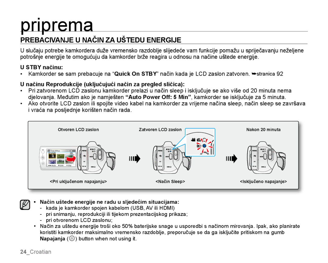 Samsung SMX-K40BP/EDC, SMX-K40SP/EDC, SMX-K44LP/EDC manual Prebacivanje U Način ZA Uštedu Energije, Stby načinu 