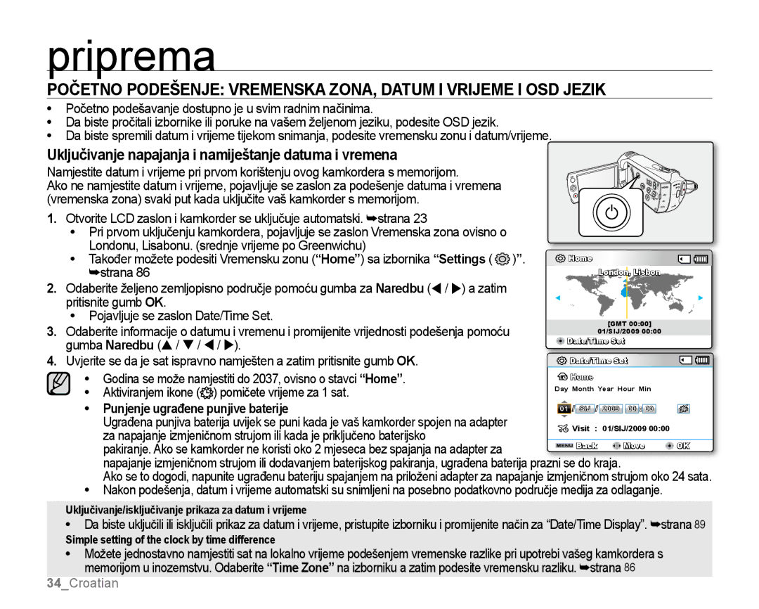 Samsung SMX-K44LP/EDC manual Uključivanje napajanja i namiještanje datuma i vremena, Punjenje ugrađene punjive baterije 