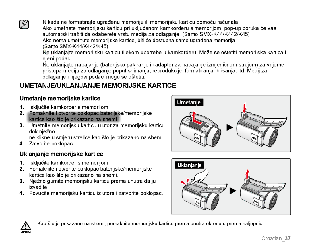 Samsung SMX-K44LP/EDC UMETANJE/UKLANJANJE Memorijske Kartice, Umetanje memorijske kartice, Uklanjanje memorijske kartice 