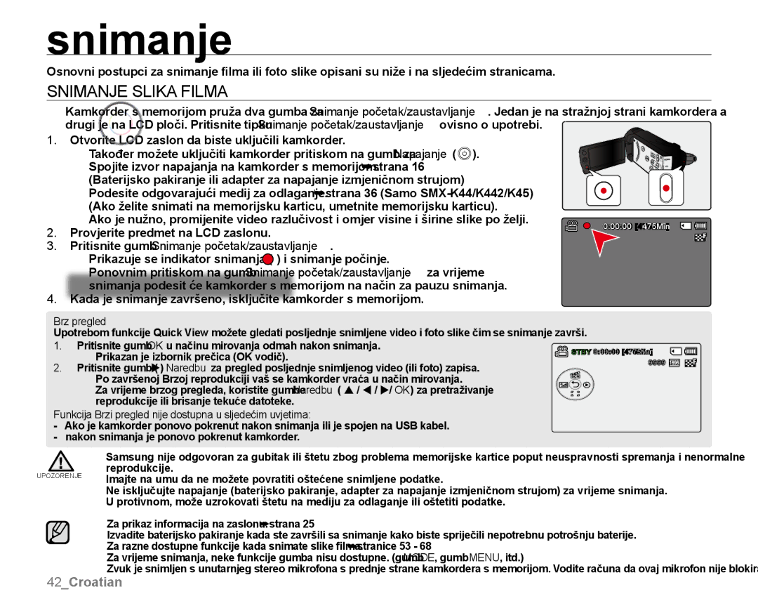 Samsung SMX-K40BP/EDC, SMX-K40SP/EDC Snimanje Slika Filma, Pritisnite gumb Snimanje početak/zaustavljanje, Brz pregled 