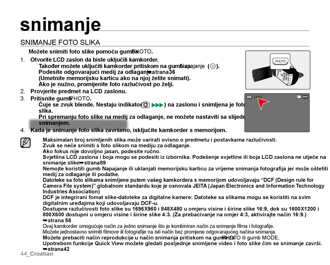 Samsung SMX-K40SP/EDC, SMX-K40BP/EDC, SMX-K44LP/EDC manual Snimanje Foto Slika 