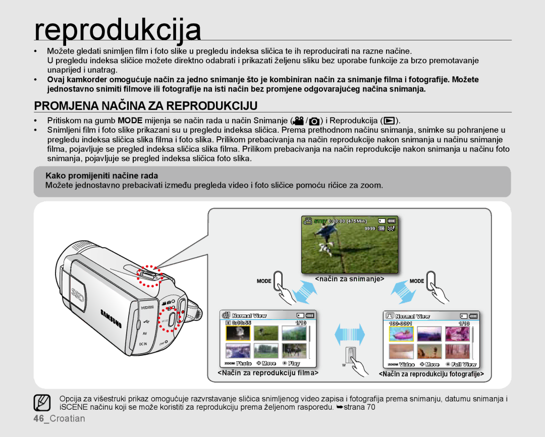 Samsung SMX-K44LP/EDC, SMX-K40SP/EDC manual Reprodukcija, Promjena Načina ZA Reprodukciju, Kako promijeniti načine rada 