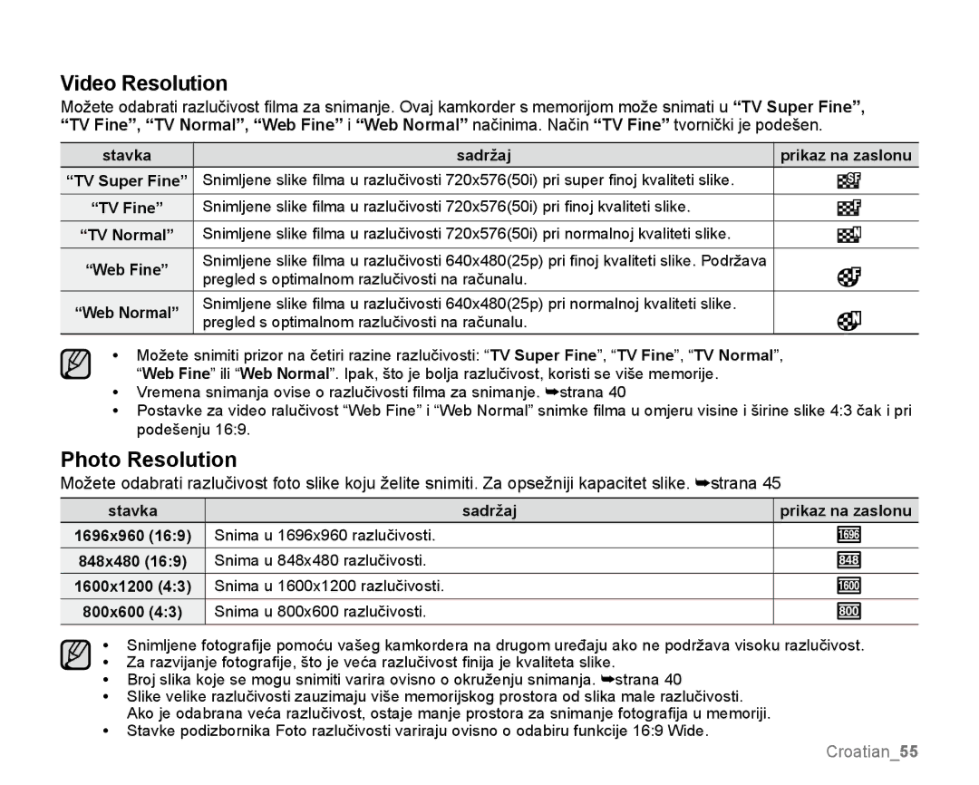 Samsung SMX-K44LP/EDC, SMX-K40SP/EDC, SMX-K40BP/EDC Video Resolution, Photo Resolution, Stavka Sadržaj Prikaz na zaslonu 