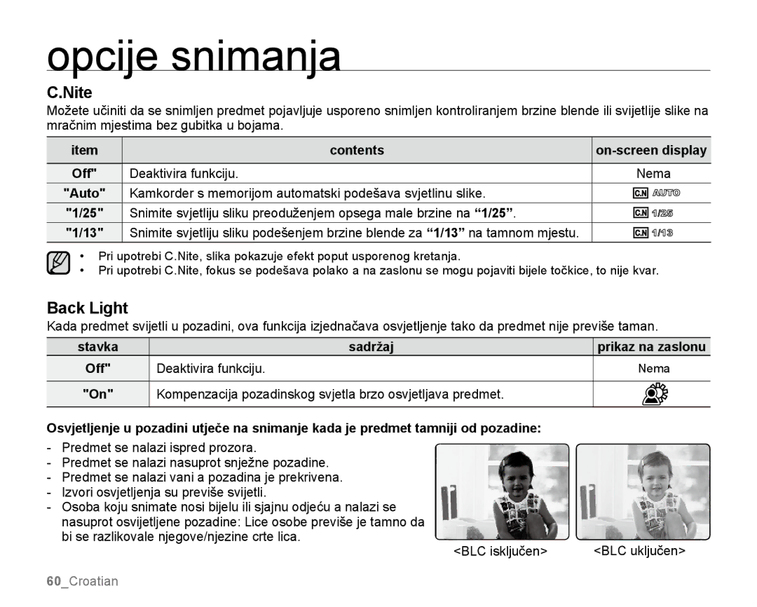 Samsung SMX-K40BP/EDC, SMX-K40SP/EDC, SMX-K44LP/EDC manual Nite, Back Light, Contents, Sadržaj, Deaktivira funkciju 