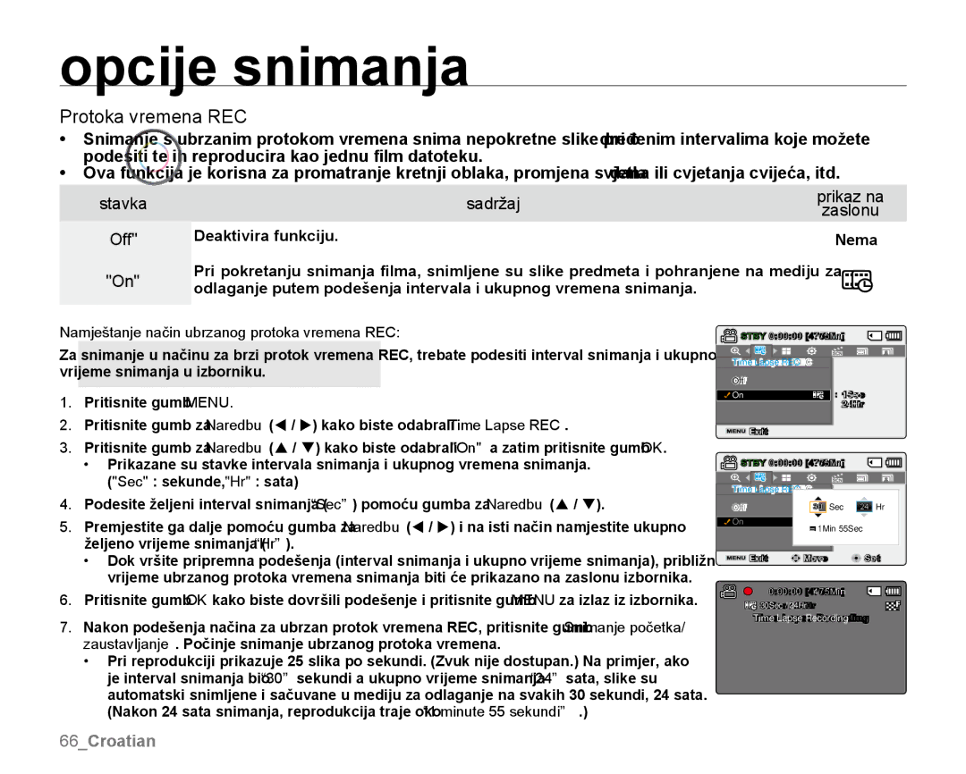 Samsung SMX-K40BP/EDC, SMX-K40SP/EDC, SMX-K44LP/EDC manual Protoka vremena REC, Stavka Sadržaj Prikaz na Zaslonu Off 