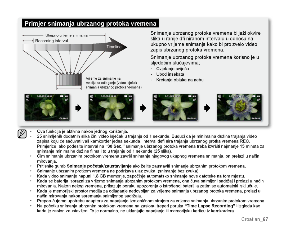 Samsung SMX-K44LP/EDC, SMX-K40SP/EDC, SMX-K40BP/EDC manual Primjer snimanja ubrzanog protoka vremena 