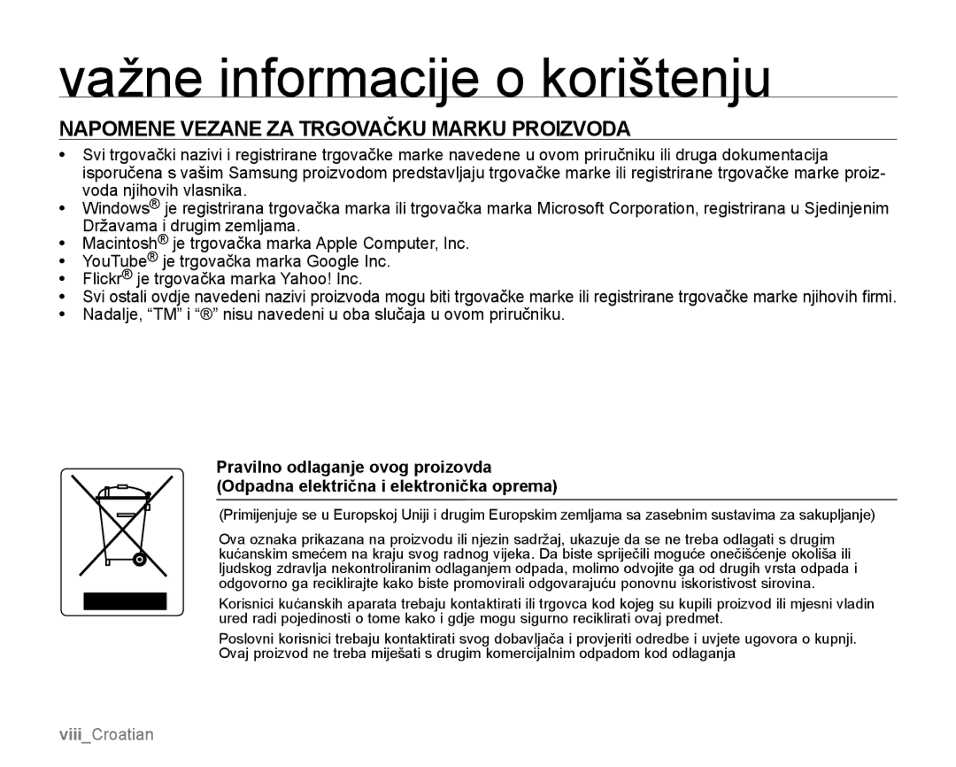 Samsung SMX-K44LP/EDC, SMX-K40SP/EDC, SMX-K40BP/EDC manual Napomene Vezane ZA Trgovačku Marku Proizvoda 