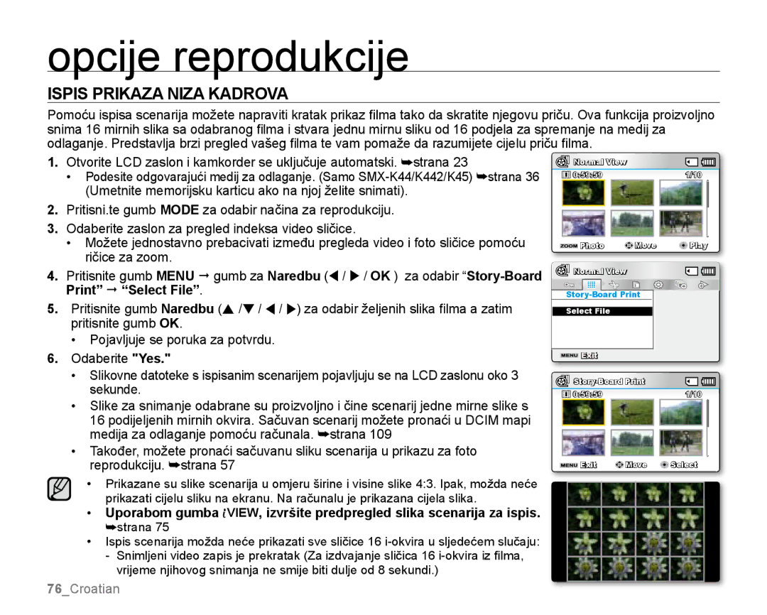 Samsung SMX-K44LP/EDC, SMX-K40SP/EDC, SMX-K40BP/EDC manual Ispis prikaza niza kadrova 