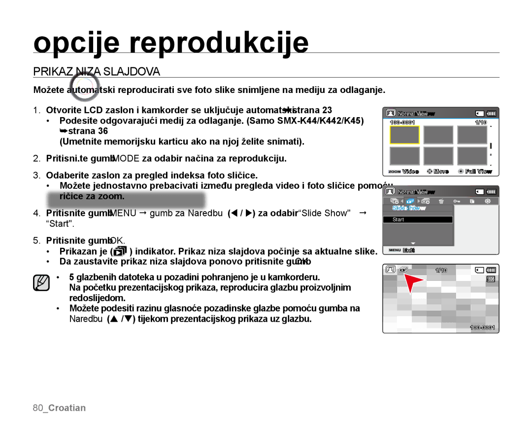 Samsung SMX-K40SP/EDC, SMX-K40BP/EDC, SMX-K44LP/EDC manual Prikaz Niza Slajdova, Start 