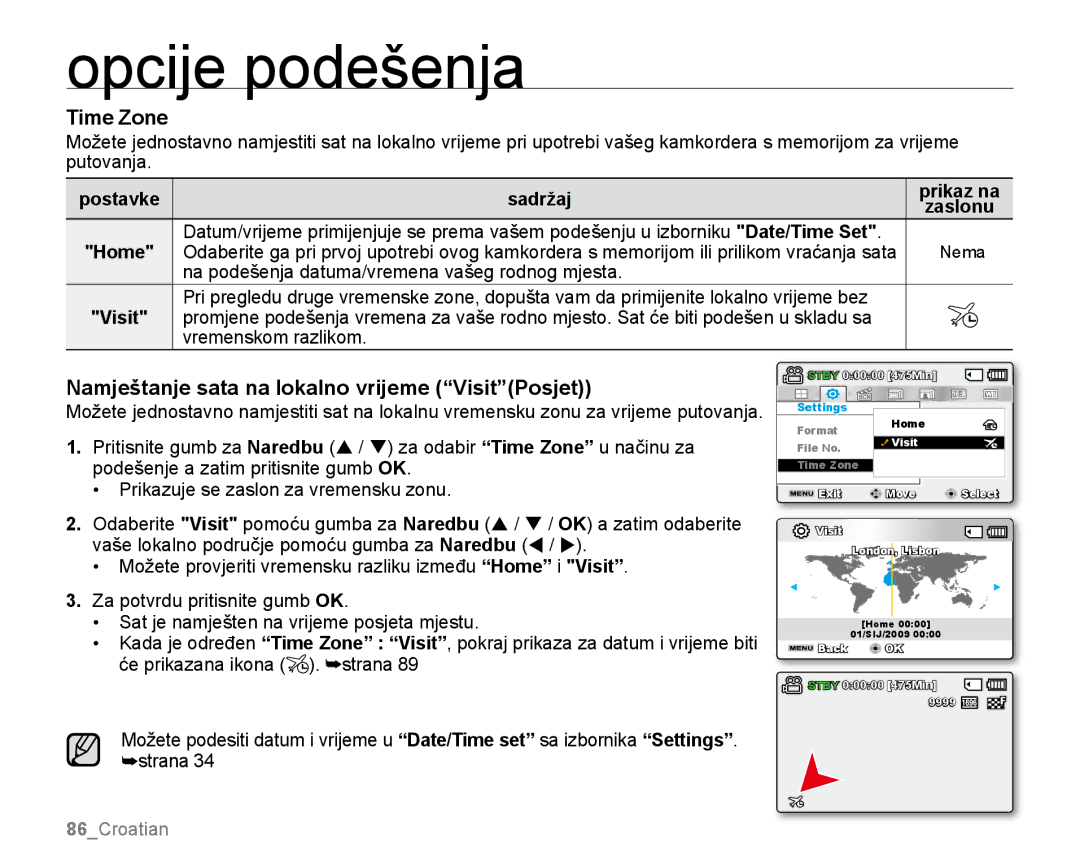 Samsung SMX-K40SP/EDC, SMX-K40BP/EDC, SMX-K44LP/EDC manual Time Zone, Namještanje sata na lokalno vrijeme VisitPosjet, Home 