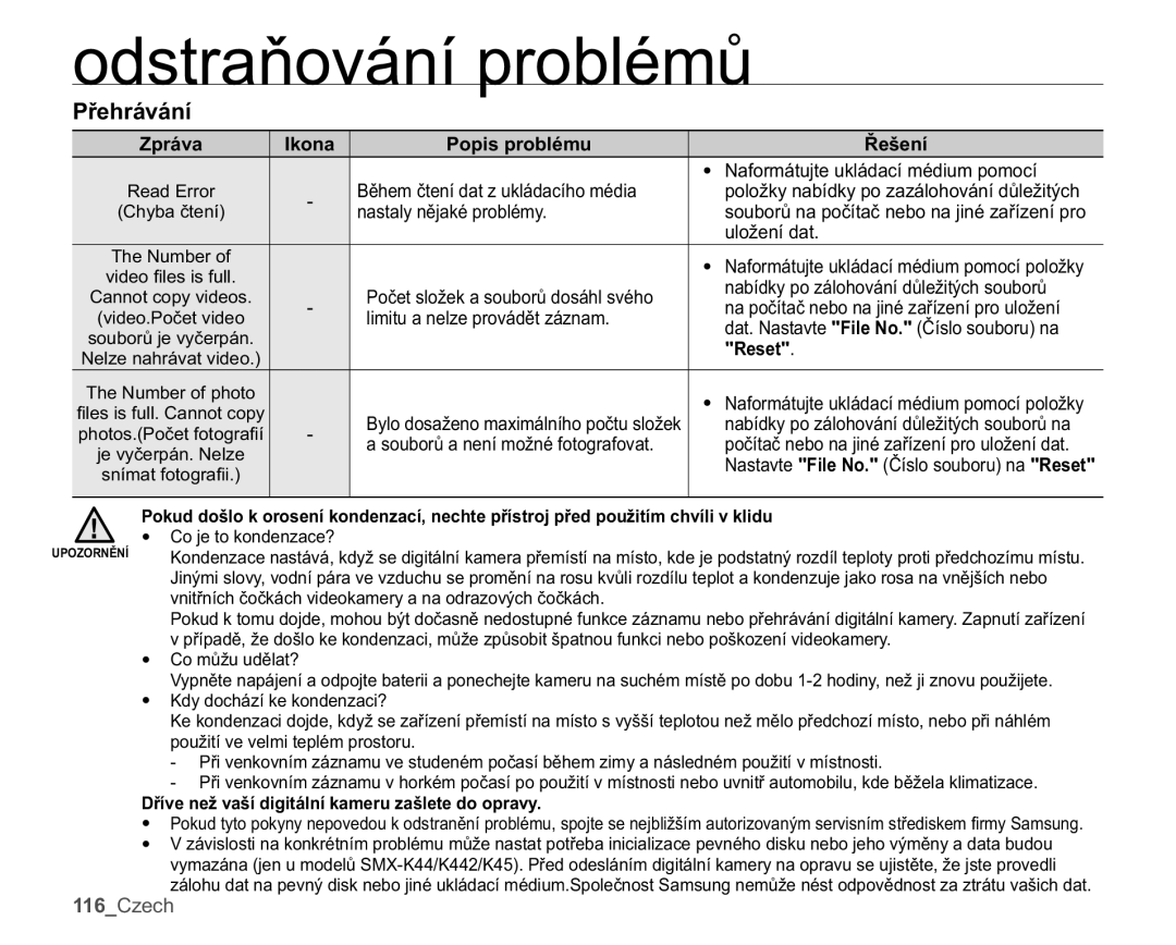 Samsung SMX-K40SP/EDC manual 3ĜHKUiYiQt, QDVWDO\QČMDNpSUREOpP\, Reset, ĜtYHQHåYDãtGLJLWiOQtNDPHUXDãOHWHGRRSUDY\ 