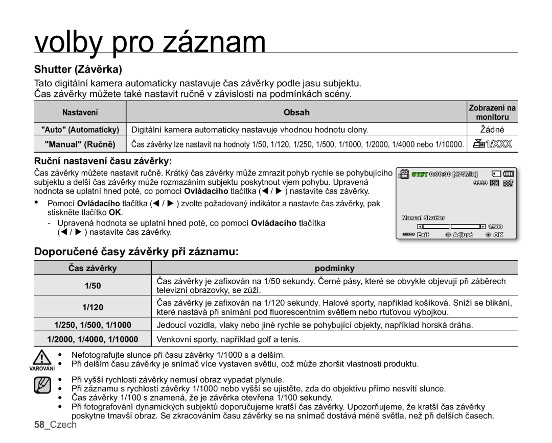 Samsung SMX-K44BP/EDC Volby pro záznam, 6KXWWHU=iYČUND, RSRUXþHQpþDV\iYČUN\SĜLiQDPX, 5XþQtQDVWDYHQtþDVXiYČUN\ 