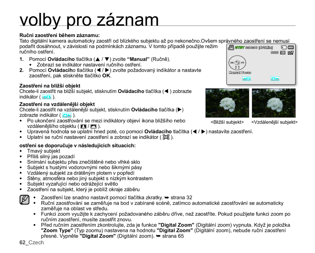 Samsung SMX-K40SP/EDC manual 5XþQtDRVWĜHQtEČKHPiQDPX, =DRVWĜHQtQDEOLåãtREMHNW, UXþQtPDRVWĜHQtPXVtWHDRVWĜLWQRYX 