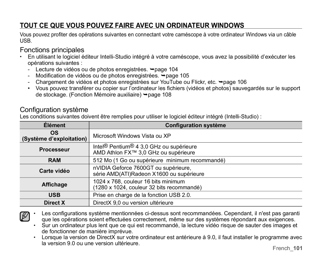 Samsung SMX-K400BP/EDC manual Tout CE QUE Vous Pouvez Faire Avec UN Ordinateur Windows, Usb, Élément RQ¿JXUDWLRQV\VWqPH 