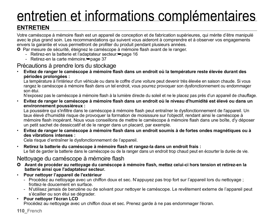 Samsung SMX-K40SP/EDC Entretien, Cela risque d’entraîner le dysfonctionnement de l’appareil, Pour nettoyer lécran LCD 