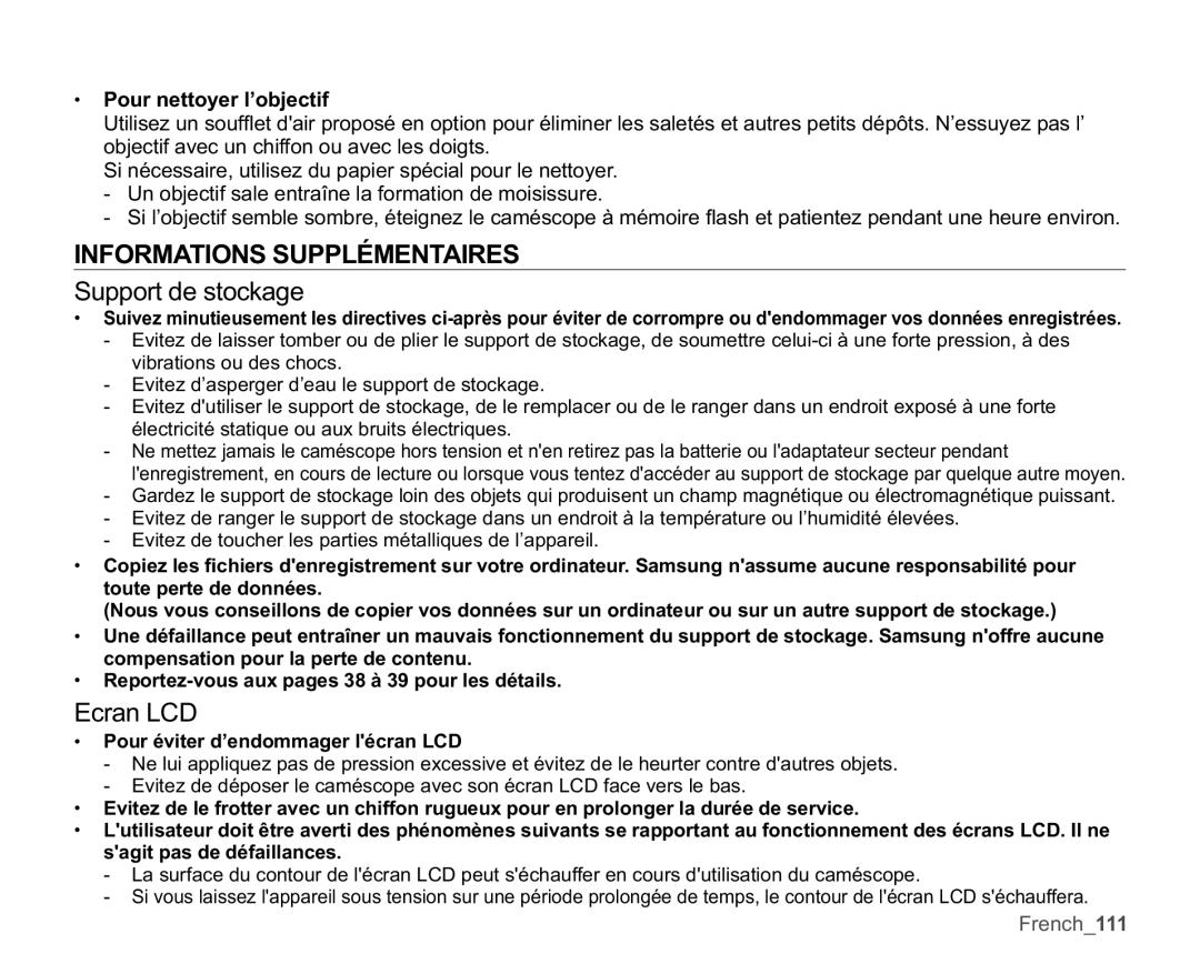 Samsung SMX-K45BP/EDC, SMX-K40SP/EDC, SMX-K40LP/EDC manual Informations Supplémentaires, Pour éviter d’endommager lécran LCD 