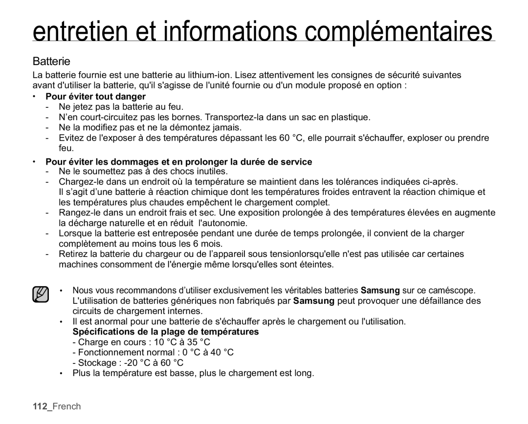 Samsung SMX-K40LP/EDC, SMX-K40SP/EDC, SMX-K45BP/EDC manual Pour éviter tout danger, Ne le soumettez pas à des chocs inutiles 