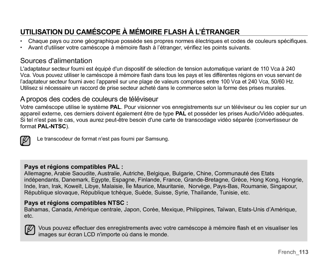 Samsung SMX-K400BP/EDC manual Utilisation DU Caméscope À Mémoire Flash À L’ÉTRANGER, Pays et régions compatibles PAL 