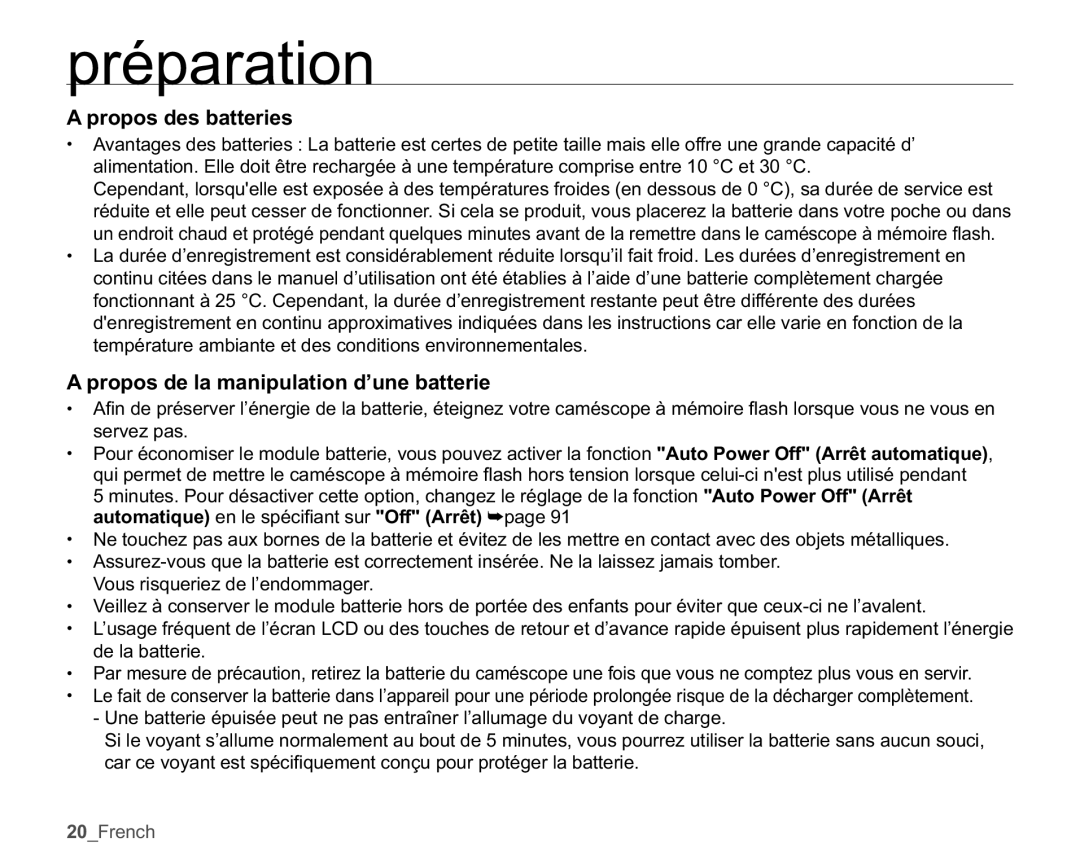 Samsung SMX-K40SP/EDC, SMX-K45BP/EDC, SMX-K40LP/EDC manual Propos des batteries, Propos de la manipulation d’une batterie 