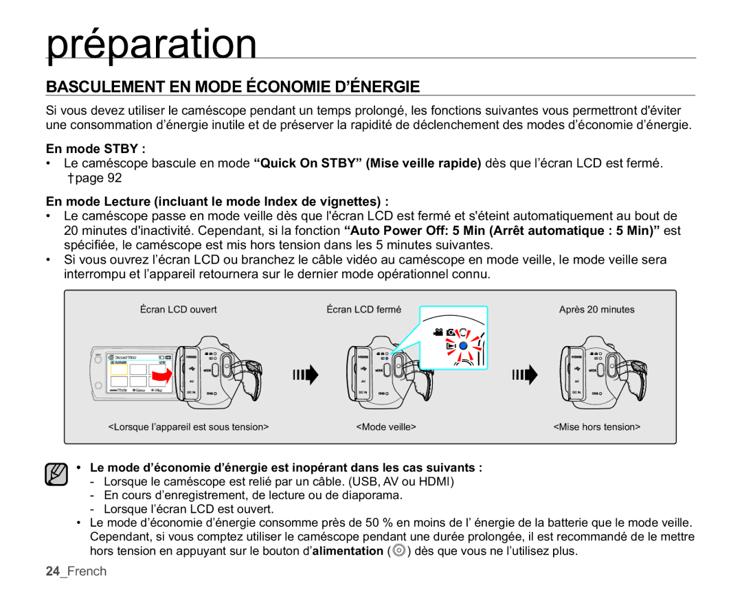 Samsung SMX-K44BP/EDC manual Basculement EN Mode Économie D’ÉNERGIE, En mode Stby,  /RUVTXHO¶pFUDQ/&HVWRXYHUW 