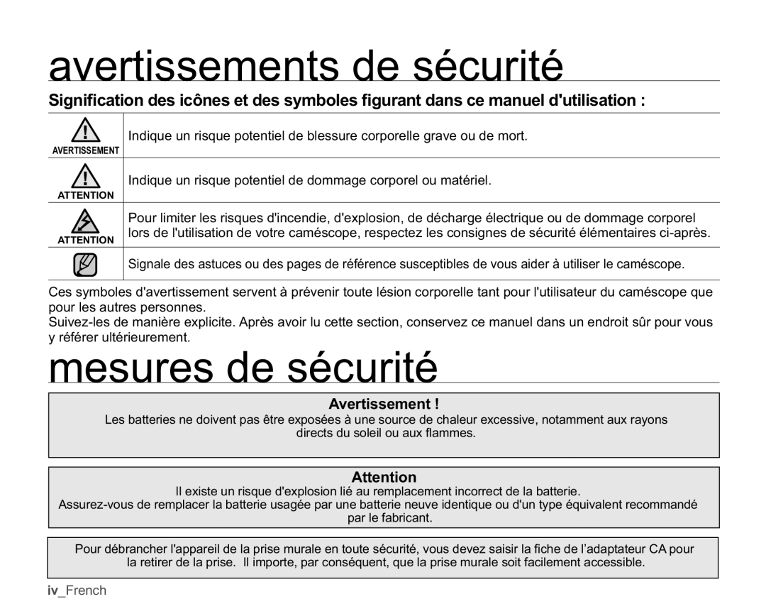 Samsung SMX-K44BP/EDC, SMX-K40SP/EDC, SMX-K45BP/EDC, SMX-K40LP/EDC manual Avertissements de sécurité, Mesures de sécurité 