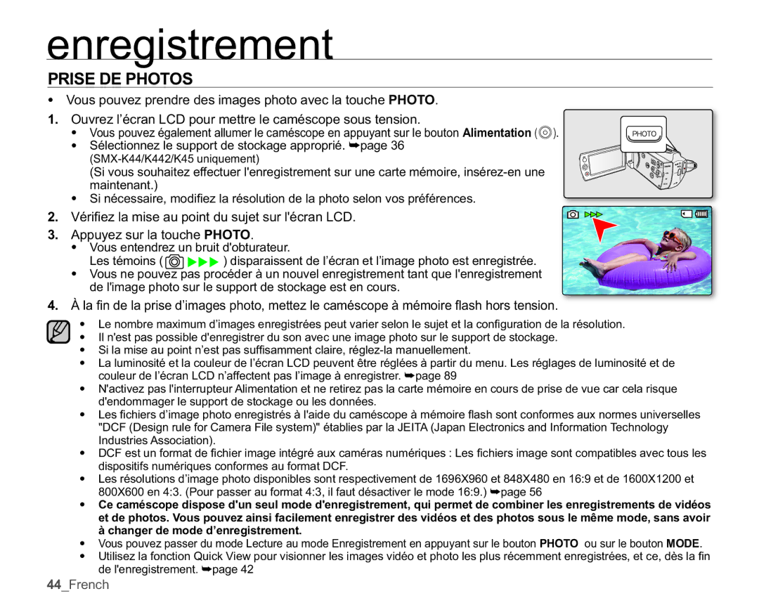Samsung SMX-K40SP/EDC, SMX-K45BP/EDC manual Prise DE Photos, 9RXVSRXYHSUHQGUHGHVLPDJHVSKRWRDYHFODWRXFKHPHOTO 