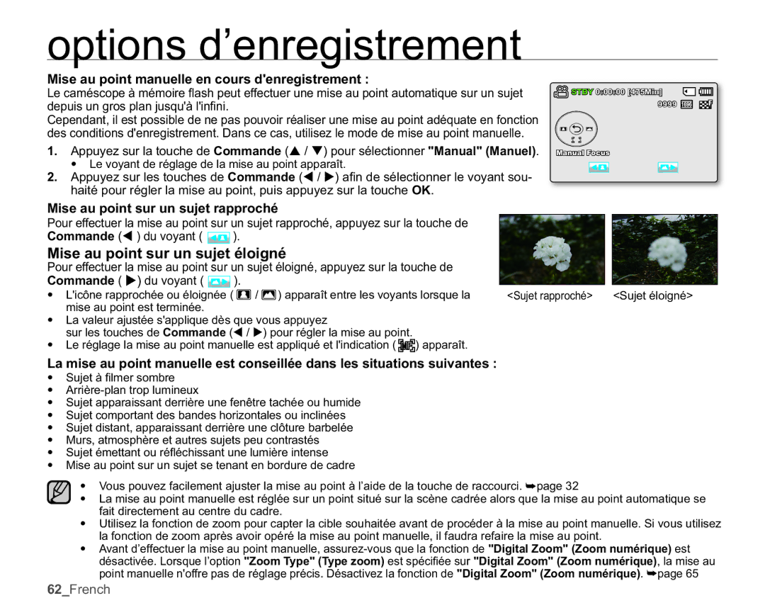 Samsung SMX-K40SP/EDC, SMX-K45BP/EDC 0LVHDXSRLQWVXUXQVXMHWpORLJQp, Mise au point manuelle en cours denregistrement 