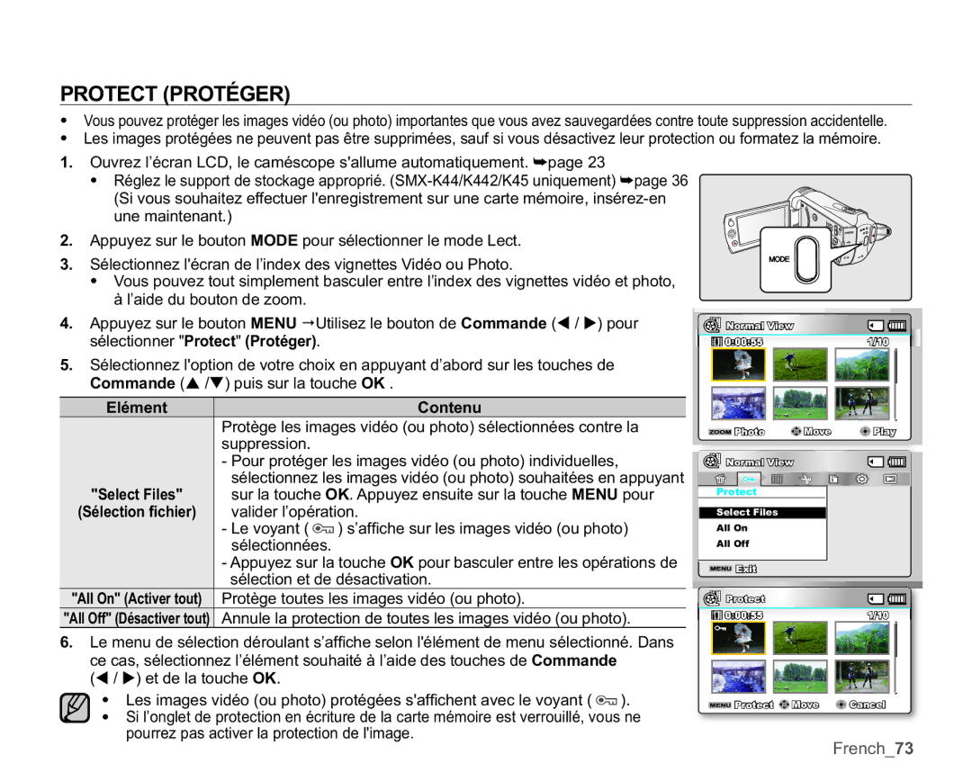 Samsung SMX-K40BP/EDC, SMX-K40SP/EDC, SMX-K45BP/EDC, SMX-K40LP/EDC, SMX-K400BP/EDC, SMX-K44BP/EDC manual Protect Protéger 