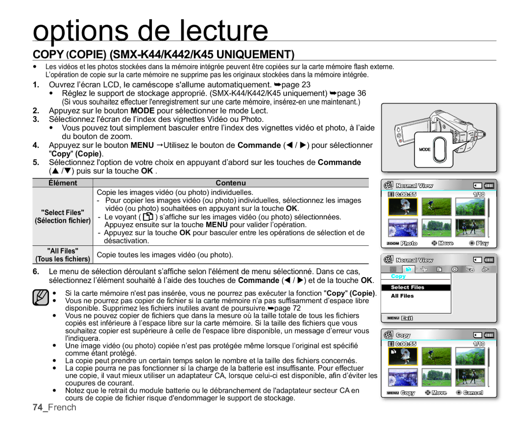 Samsung SMX-K40SP/EDC, SMX-K45BP/EDC Copy Copie SMX-K44/K442/K45 Uniquement, Copie les images vidéo ou photo individuelles 