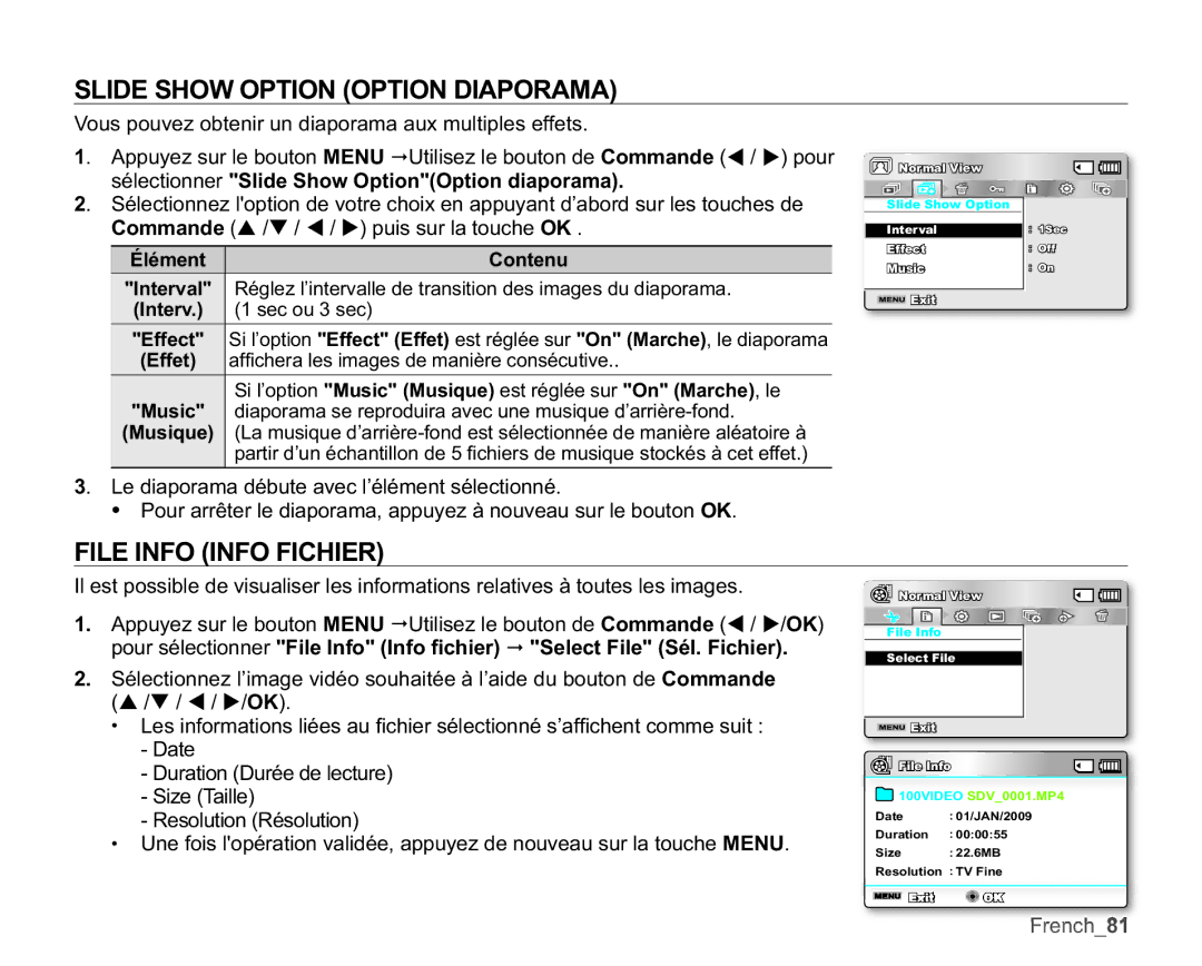 Samsung SMX-K45BP/EDC, SMX-K40SP/EDC manual Slide Show Option Option Diaporama, File Info Info Fichier, Élément Contenu 