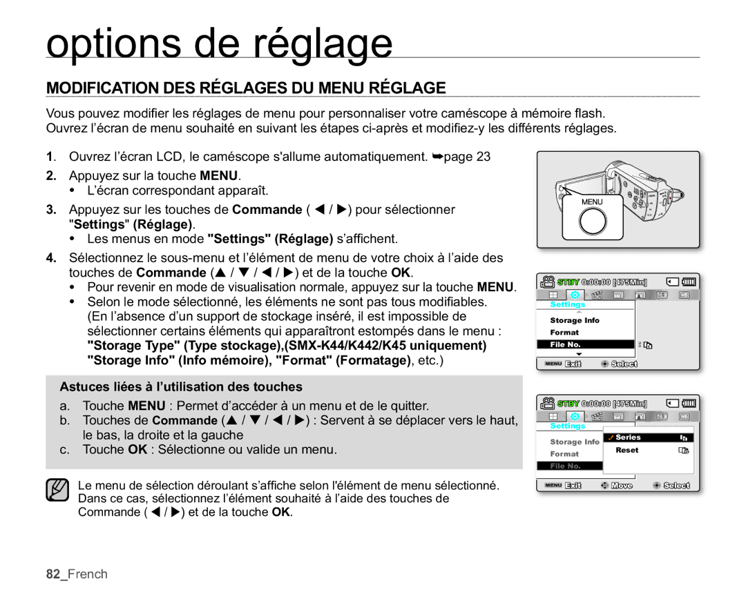 Samsung SMX-K40LP/EDC, SMX-K40SP/EDC, SMX-K45BP/EDC manual Options de réglage, Modification DES Réglages DU Menu Réglage 