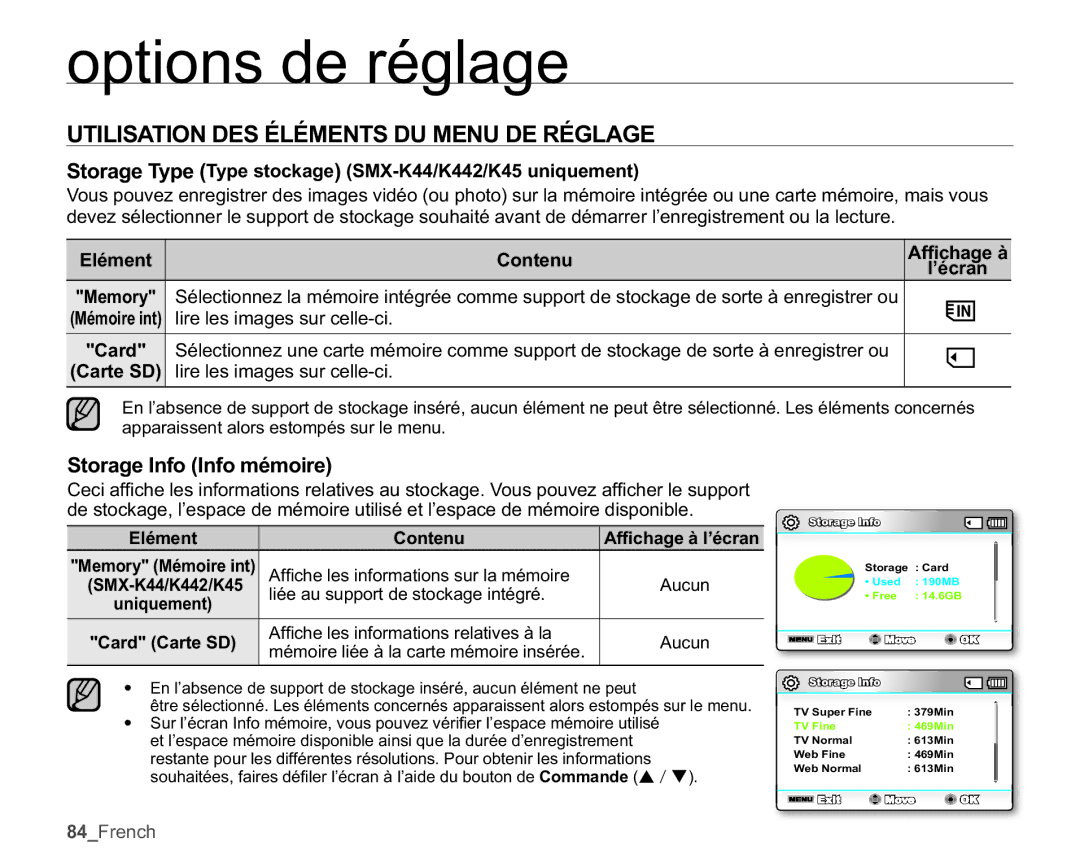 Samsung SMX-K44BP/EDC manual Utilisation DES Éléments DU Menu DE Réglage, Storage Info Info mémoire, Elément Contenu 