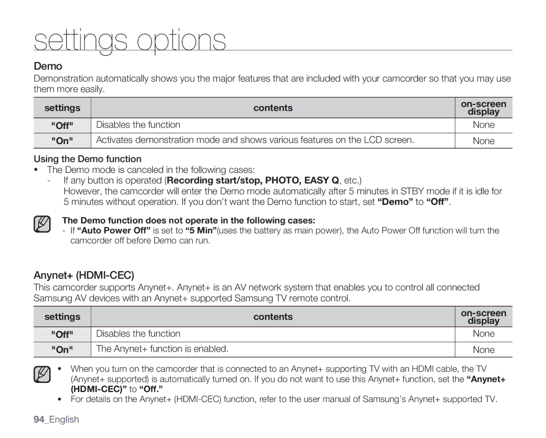 Samsung SMX-K45SP/XIL, SMX-K40SP/EDC, SMX-K45BP/EDC manual Demo, Anynet+ HDMI-CEC, Settings, Anynet+ function is enabled 